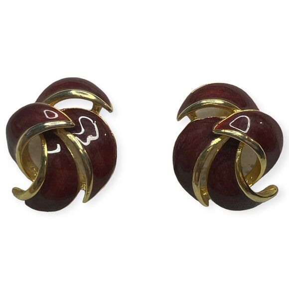 Susan Caplan VTG Clip on Earrings Gold Plated and Red‎ Enamel Swirl Studs 80s - Picture 1 of 5
